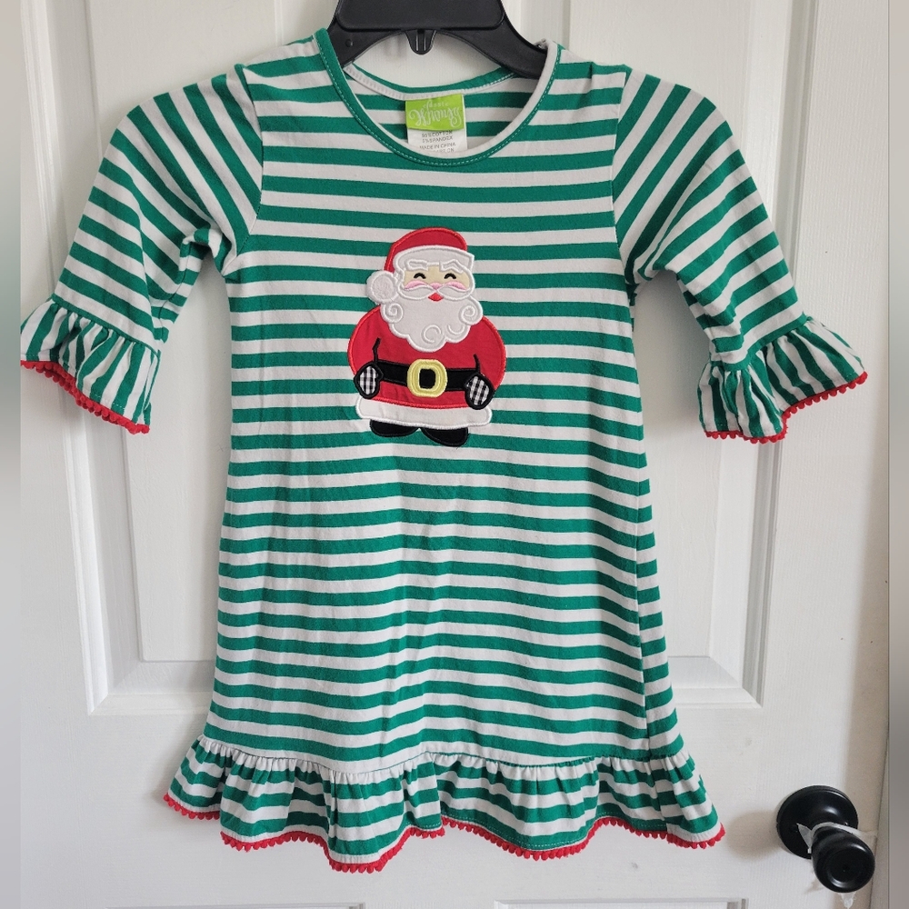 Green Striped Santa Kids Casual Dress